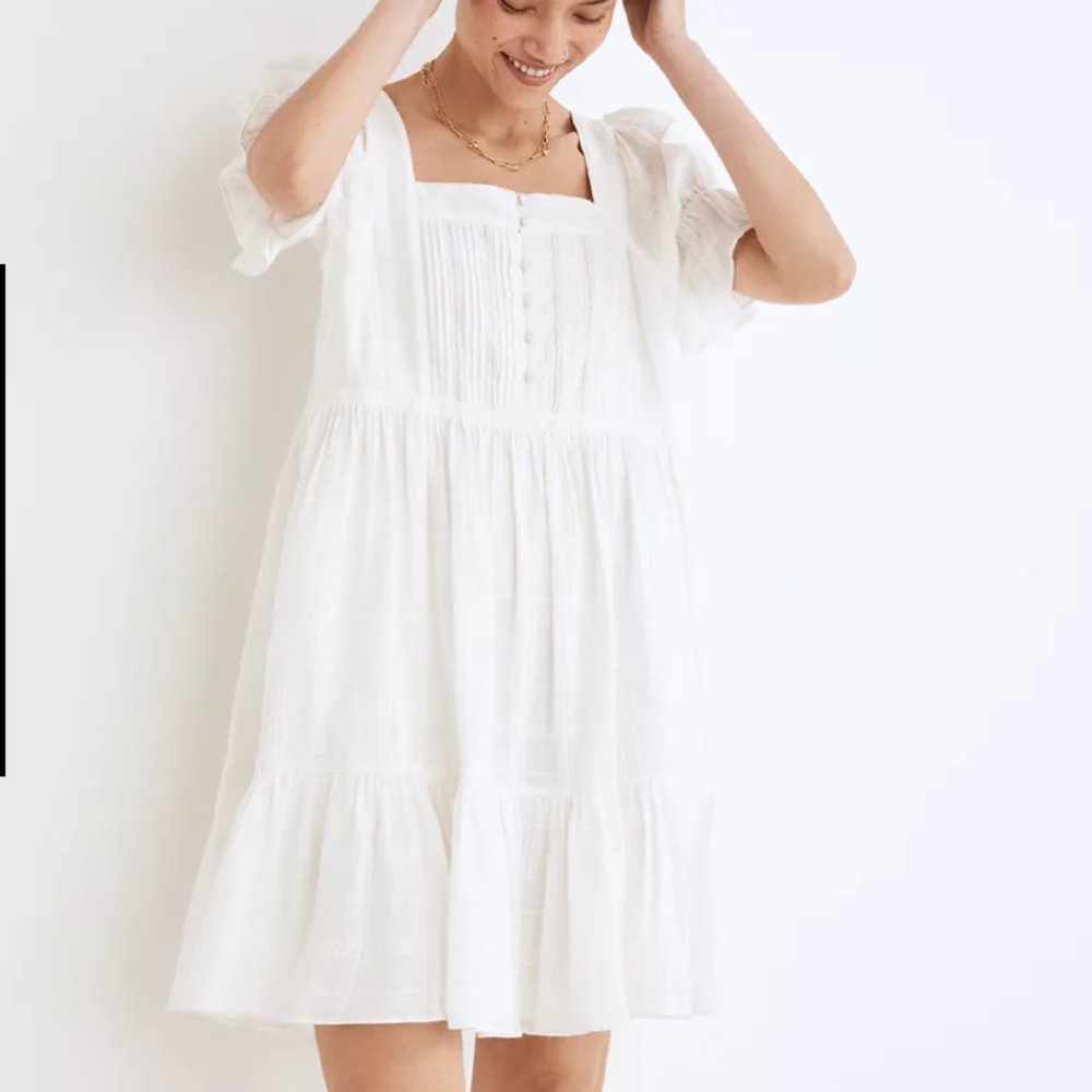 Madewell Puff-Sleeve Drawstring Mini Dress in Lighthouse